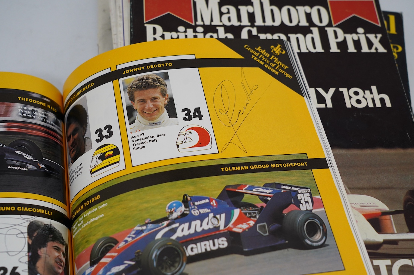 An archive of British Grand Prix memorabilia from Brands Hatch, including a collection of autographs, including Niki Lauda, John Watson, etc., all collected in a brands Hatch official program dated 1983 by the vendor who